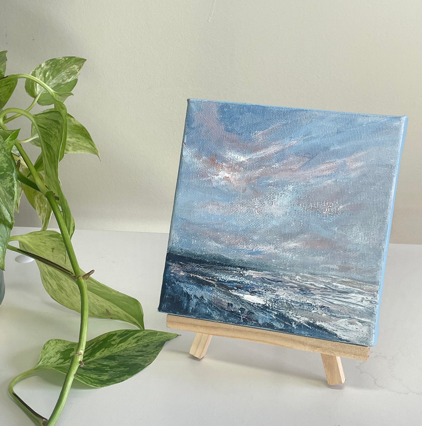 Waves roll in semi abstract mini landscape on canvas