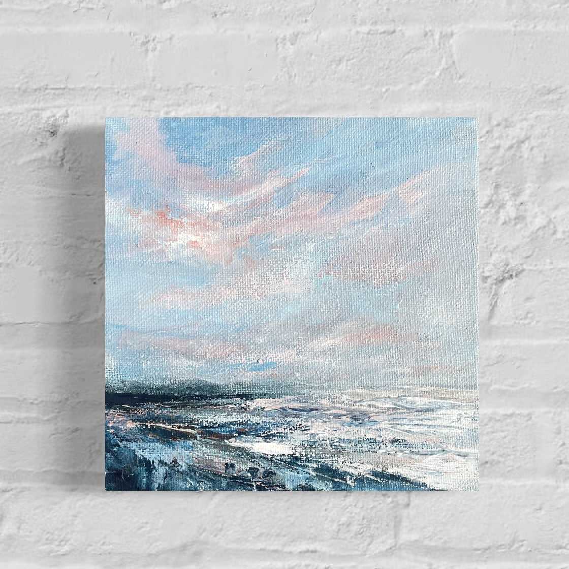 Waves roll in semi abstract mini landscape on canvas