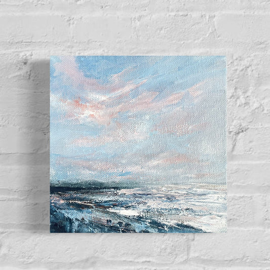 Waves roll in semi abstract mini landscape on canvas